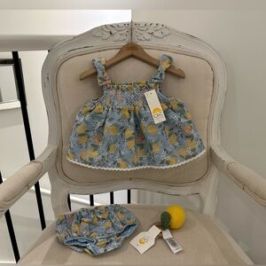 🍋 3~6 Mth Smocked Lemon & Floral Baby Dress & Knit Rattle Three Piece Set NWT
